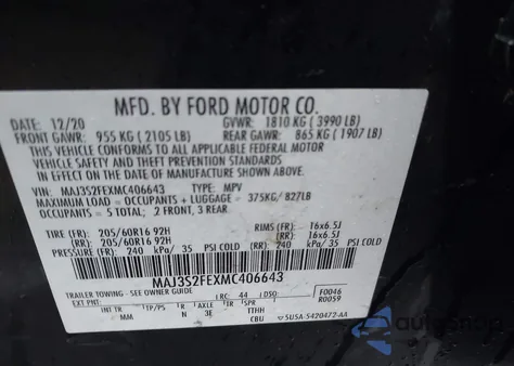2021 Ford Ecosport S z USA, uszkodzony, nr VIN MAJ3S2FEXMC406643